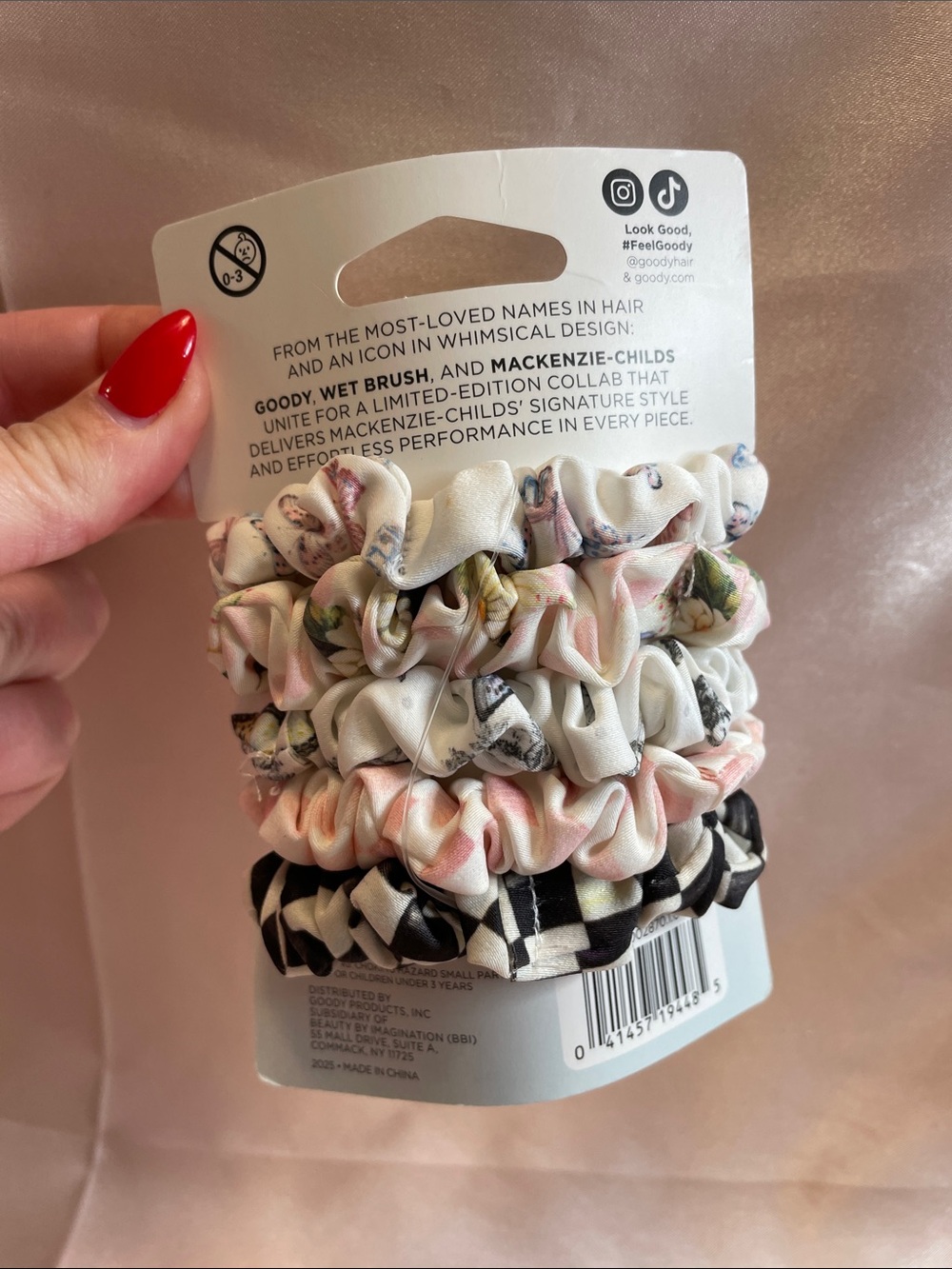 MacKenzie-Childs x Goody Satin Scrunchies 5Ct Courtly Check Floral Hair Ties - Picture 3 of 3